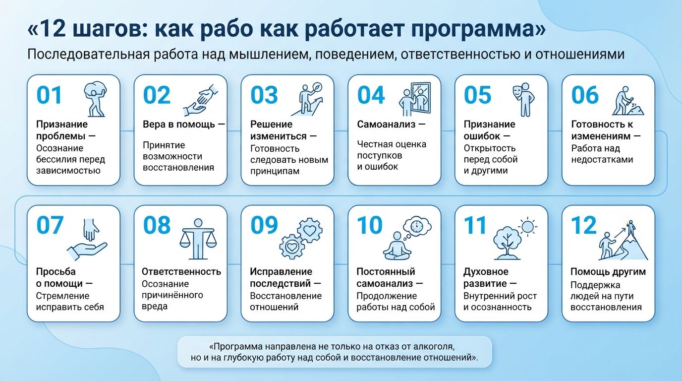 Программа 12 шагов для зависимых от алкоголя инфографика